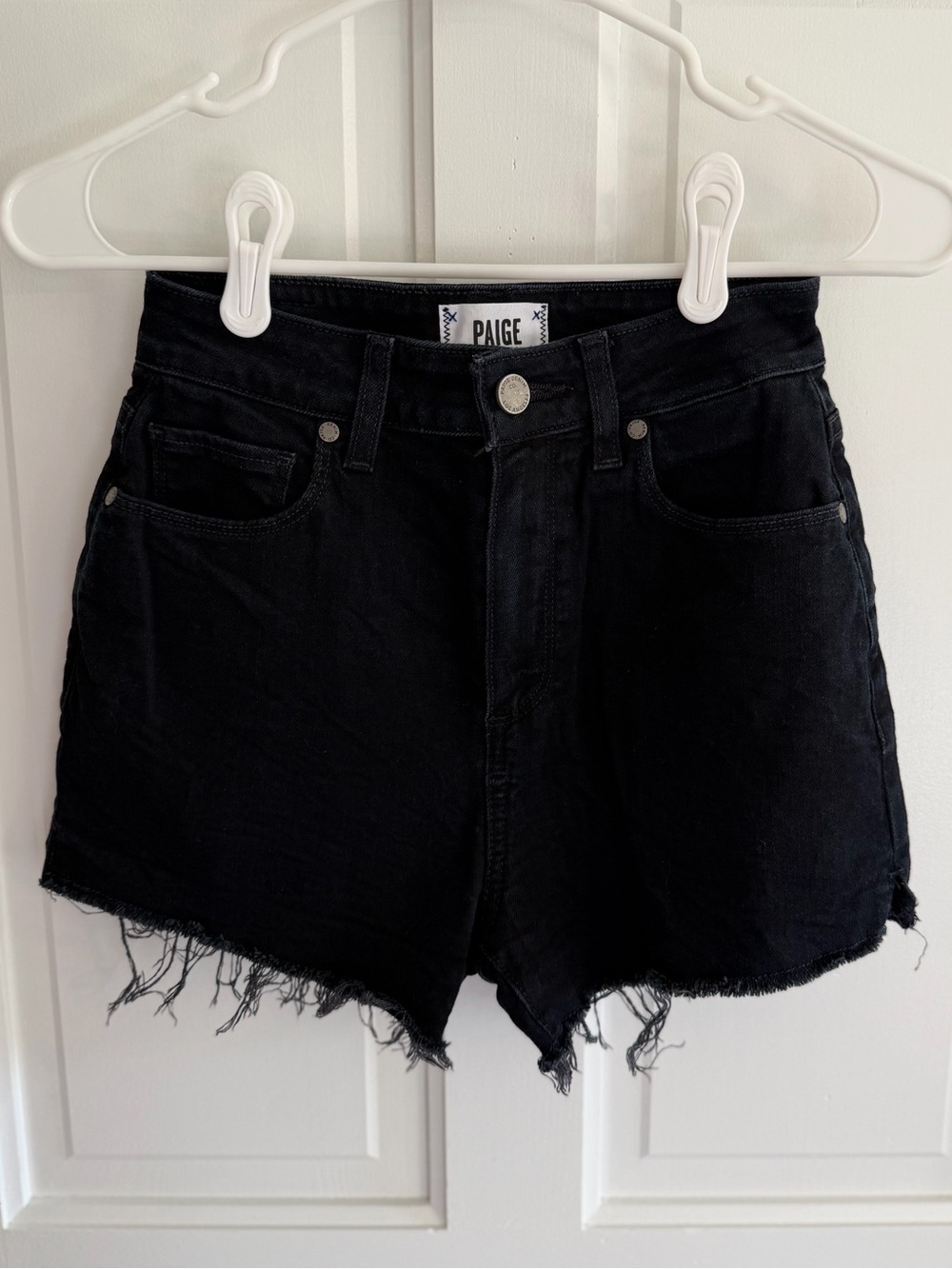 PAIGE Margot High Rise Black Denim Cutoff Shorts Raw Hem Size 26